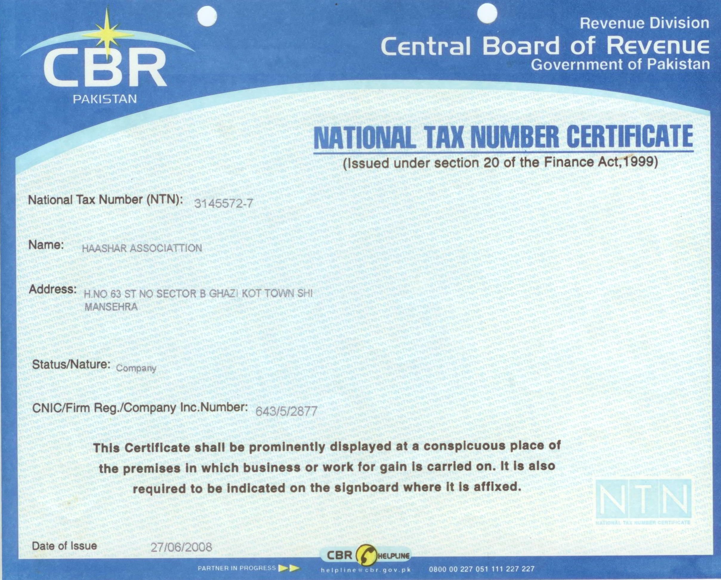 Haashar NTN Certificate